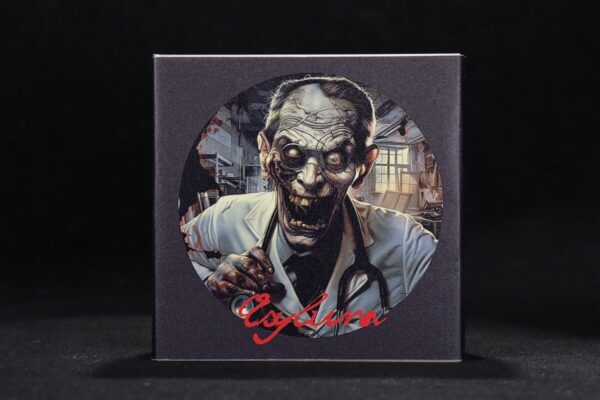 A9BP27A1G8Y6XK - Collectible coin featuring a zombie doctor with a grotesque face, wearing a white coat and stethoscope, set against a dark background with a horror-themed design.