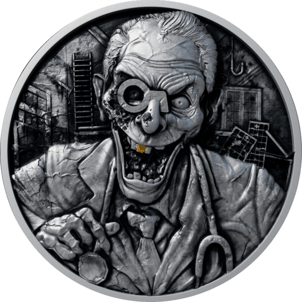 Aged collectible coin featuring a dystopian zombie doctor with medical tools, broken buildings, and debris in the background, made of silver and dark metals, with detailed craftsmanship and horror-themed design.