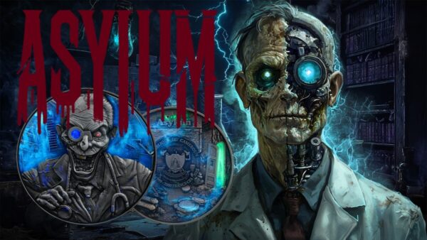 2013 Cameroon 2000 Francs coin featuring a detailed zombie doctor with cybernetic enhancements and neon lighting effects.
