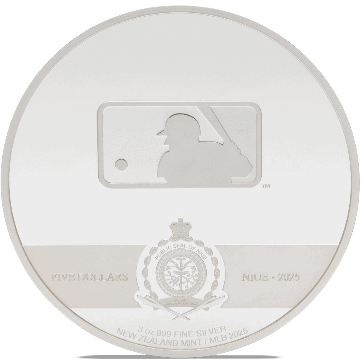 Shiny silver baseball-themed collectible coin featuring the New Zealand official MLB 2025 design, with inscriptions of year, country, denomination, and silver weight, ideal for sports memorabilia collectors.