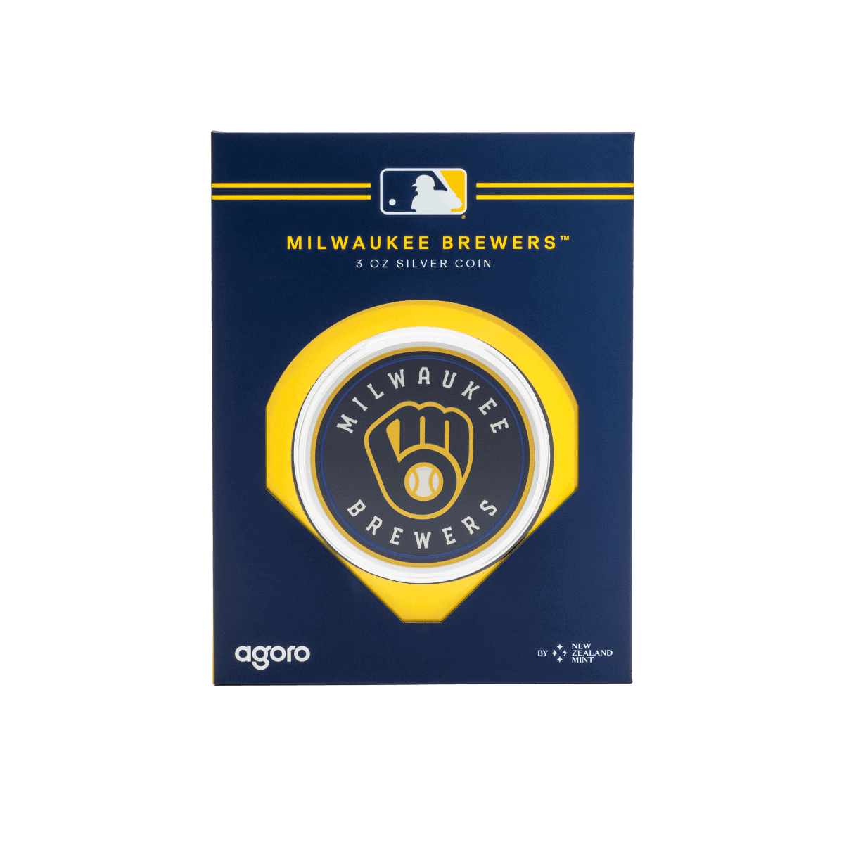 Milwaukee Brewers 2023 silver coin, featuring team logo and branding, packaged in navy and yellow design, celebrating MLB team and sports memorabilia enthusiasts.