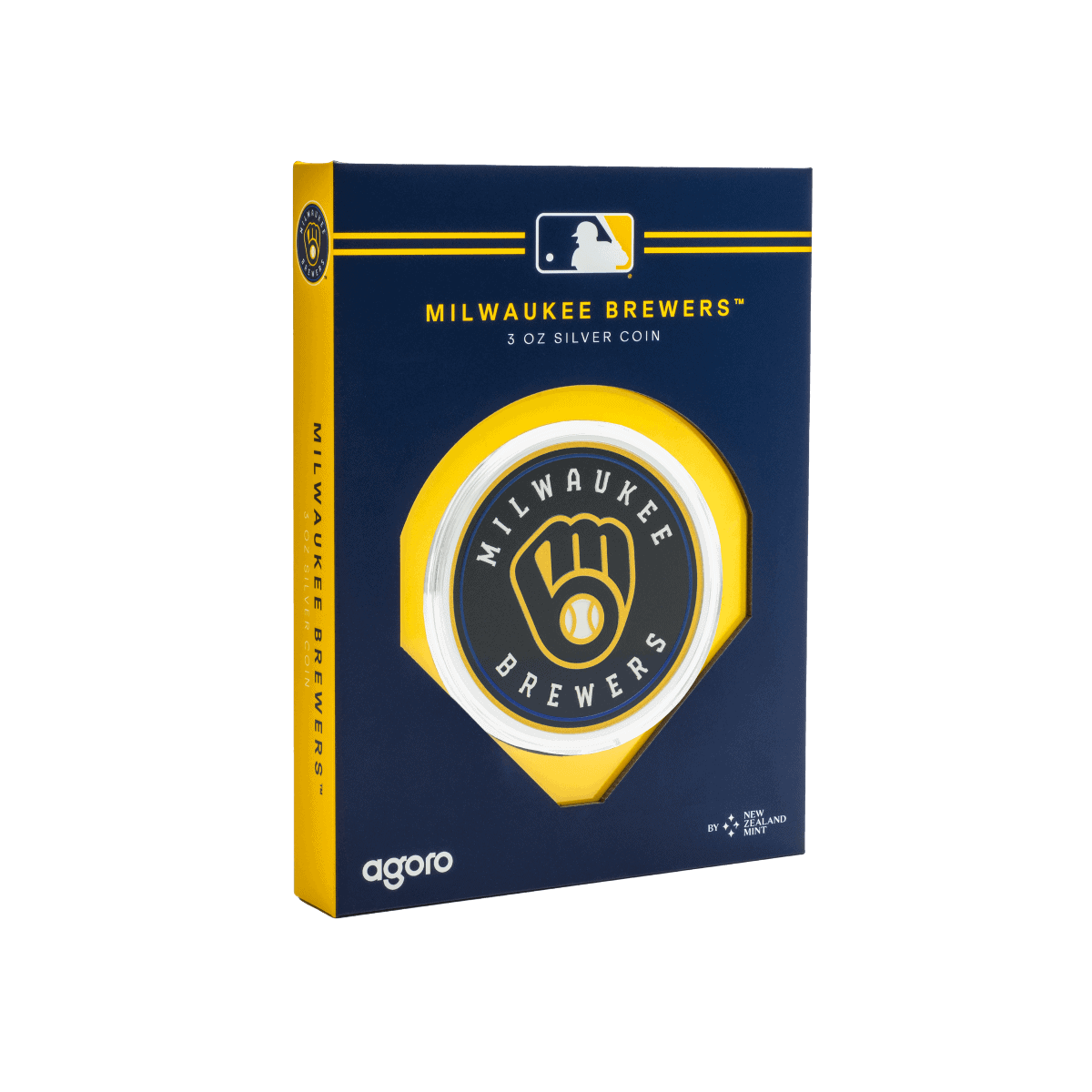 Milwaukee Brewers 3 oz silver coin featuring team logo and branding, packaged in a navy blue and yellow box, celebrating baseball history and collectibles.