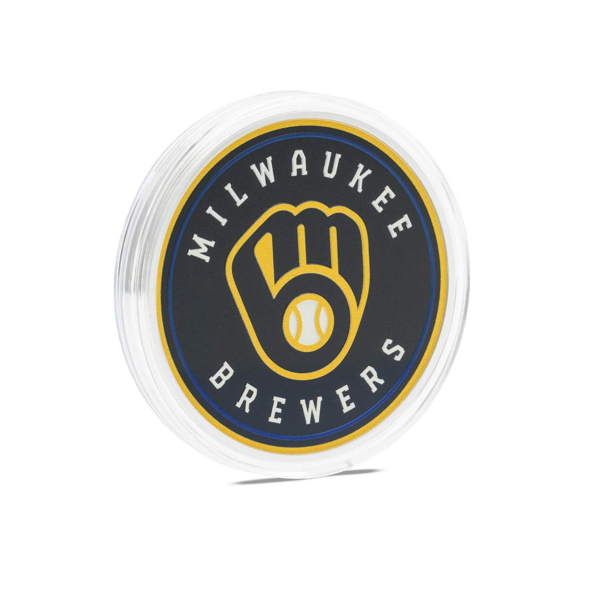 Milwaukee Brewers collectible coin logo with a black background, yellow outline, and white text.