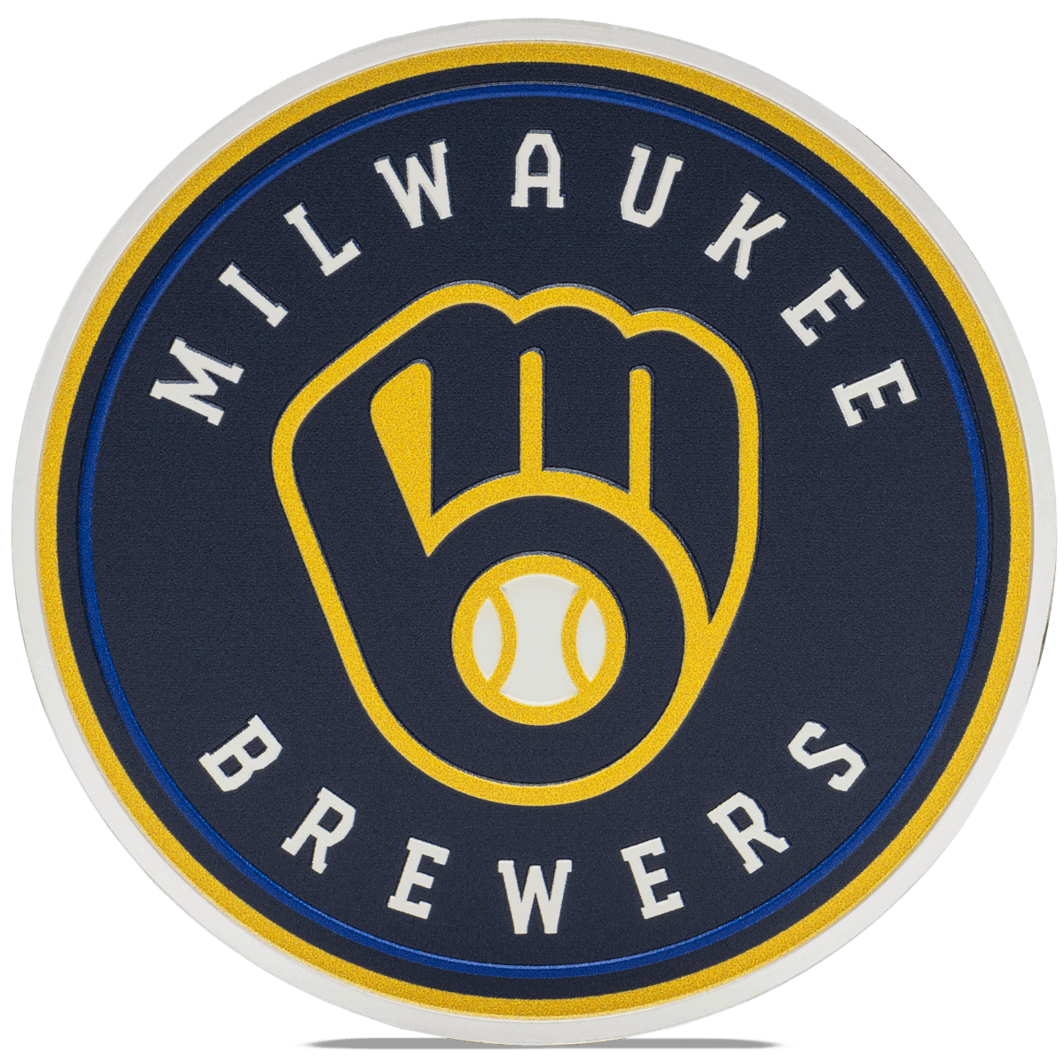 Milwaukee Brewers collectible coin with team logo in navy blue, yellow accents, and white text, featuring a stylized glove and baseball design.
