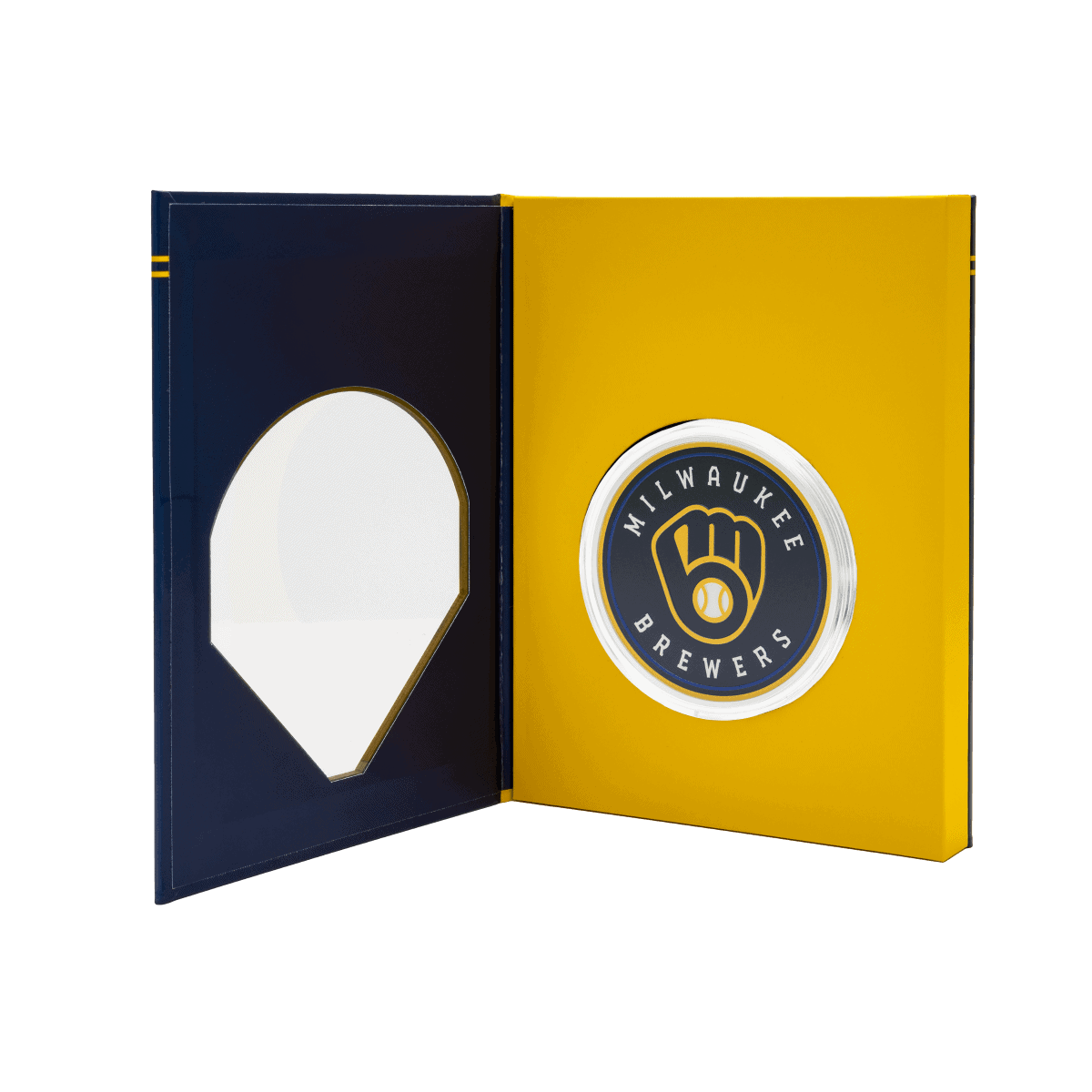 Vintage Milwaukee Brewers collectible coin display case, navy and yellow with team logo.