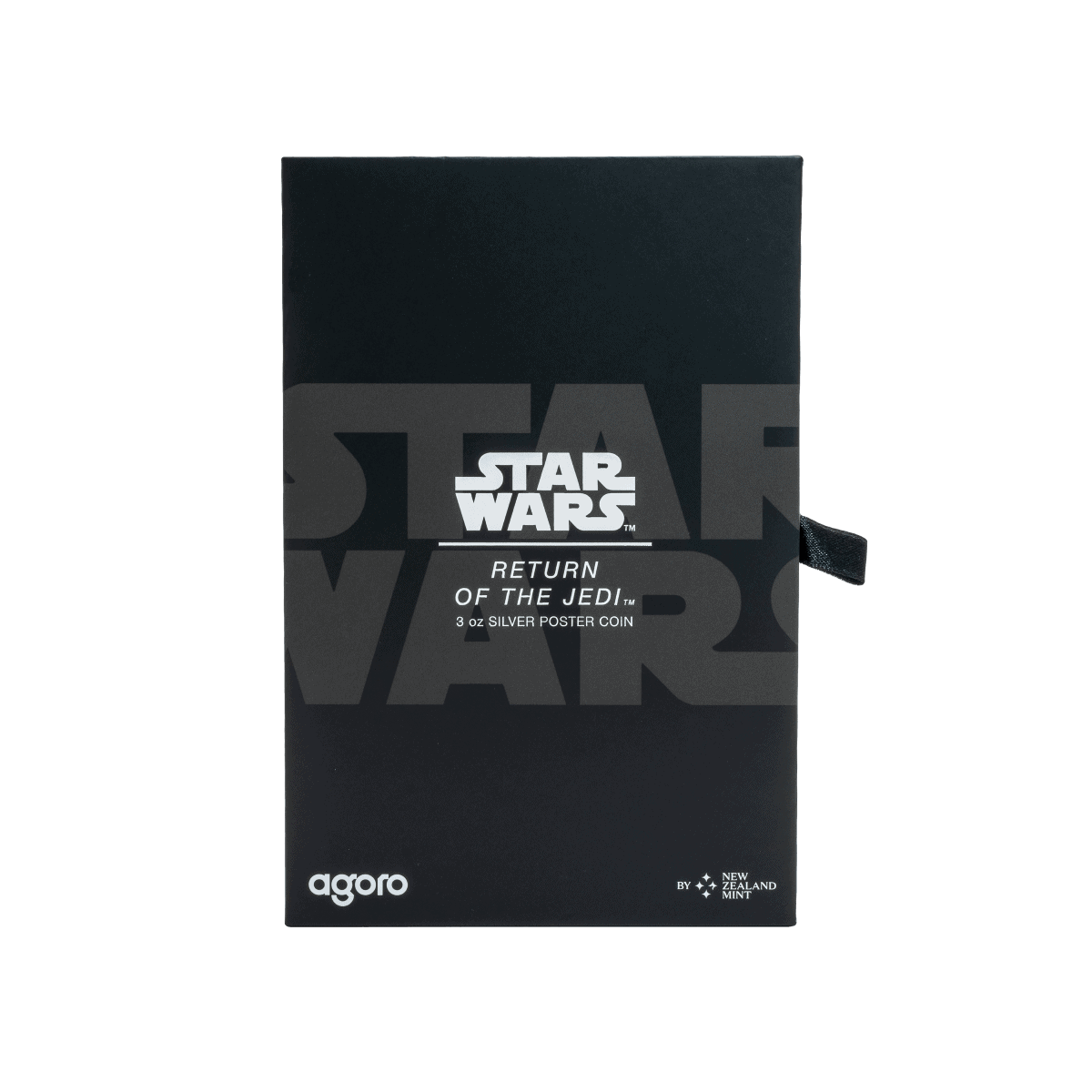 The closed presentation box for the 2025 Niue Star Wars Return of the Jedi 3 oz Silver Colorized Proof Poster Coin, featuring Star Wars branding.