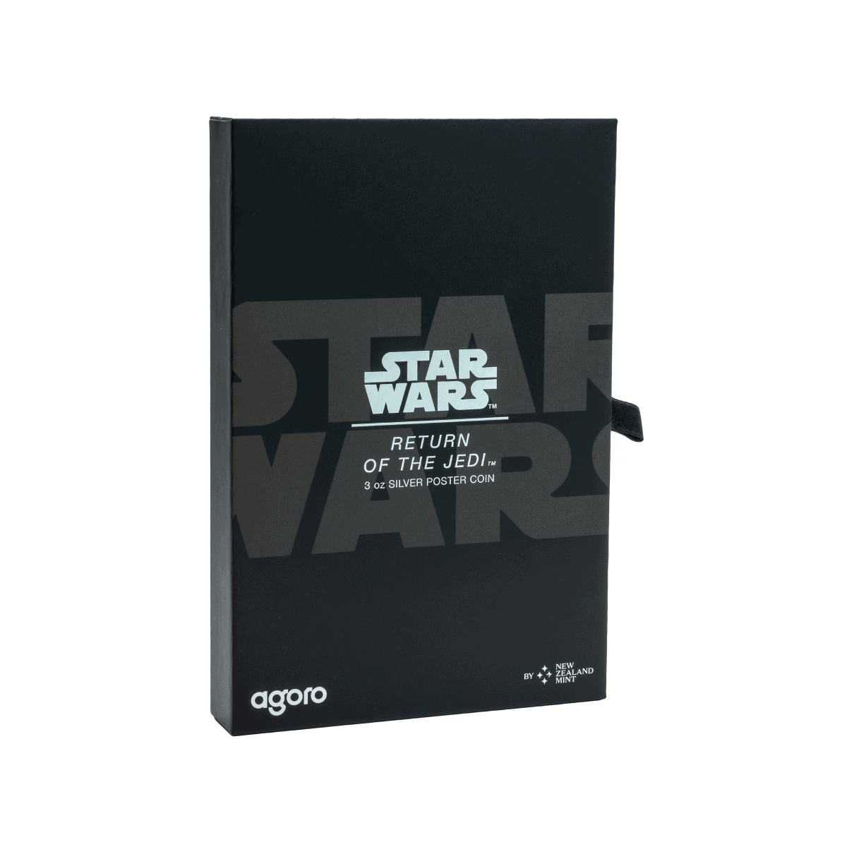 A slightly angled view of the closed presentation box for the 2025 Niue Star Wars Return of the Jedi 3 oz Silver Colorized Proof Poster Coin, featuring Star Wars branding.