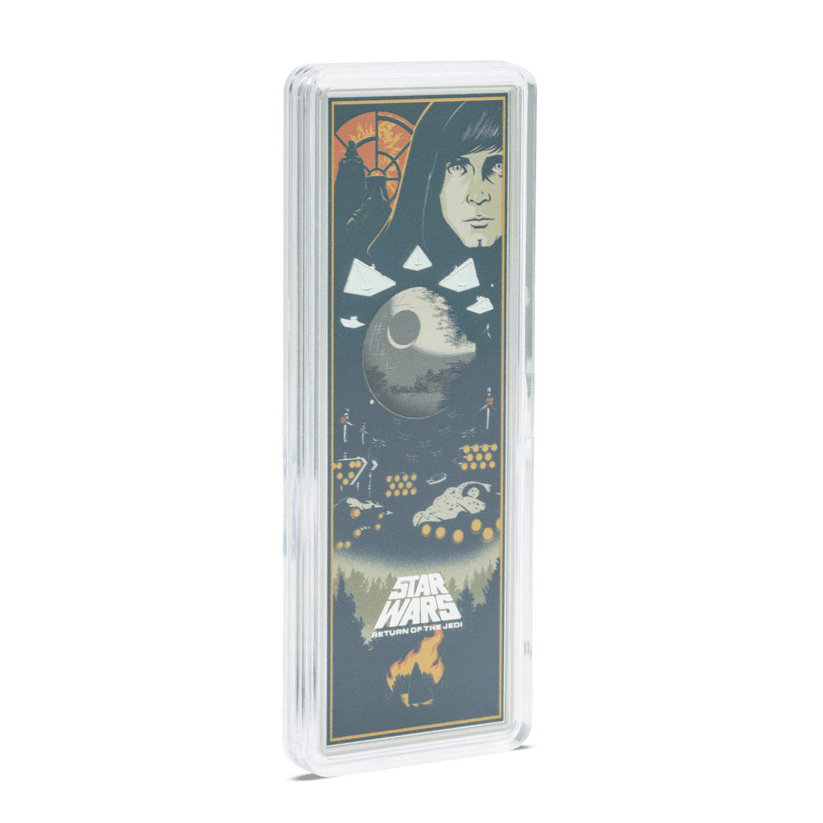 The 2025 Niue Star Wars Return of the Jedi 3 oz Silver Colorized Proof Poster Coin, presented in its clear protective capsule from a slight angle.