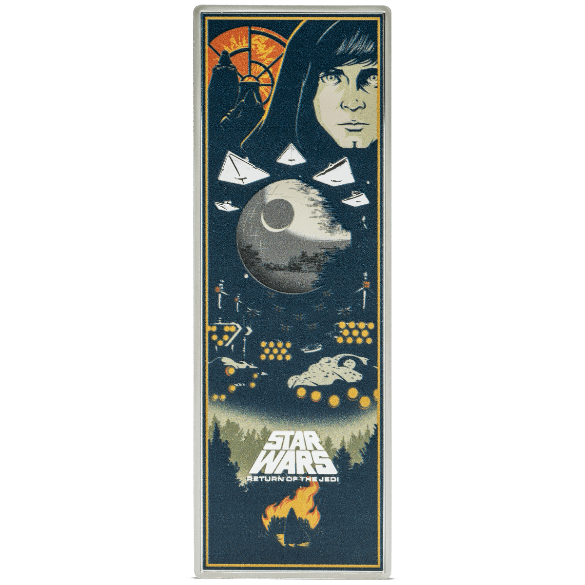 A vertical 2025 Niue Star Wars Return of the Jedi 3 oz Silver Colorized Proof Poster Coin, featuring the movie poster art with characters like Luke Skywalker, Darth Vader, and Princess Leia.