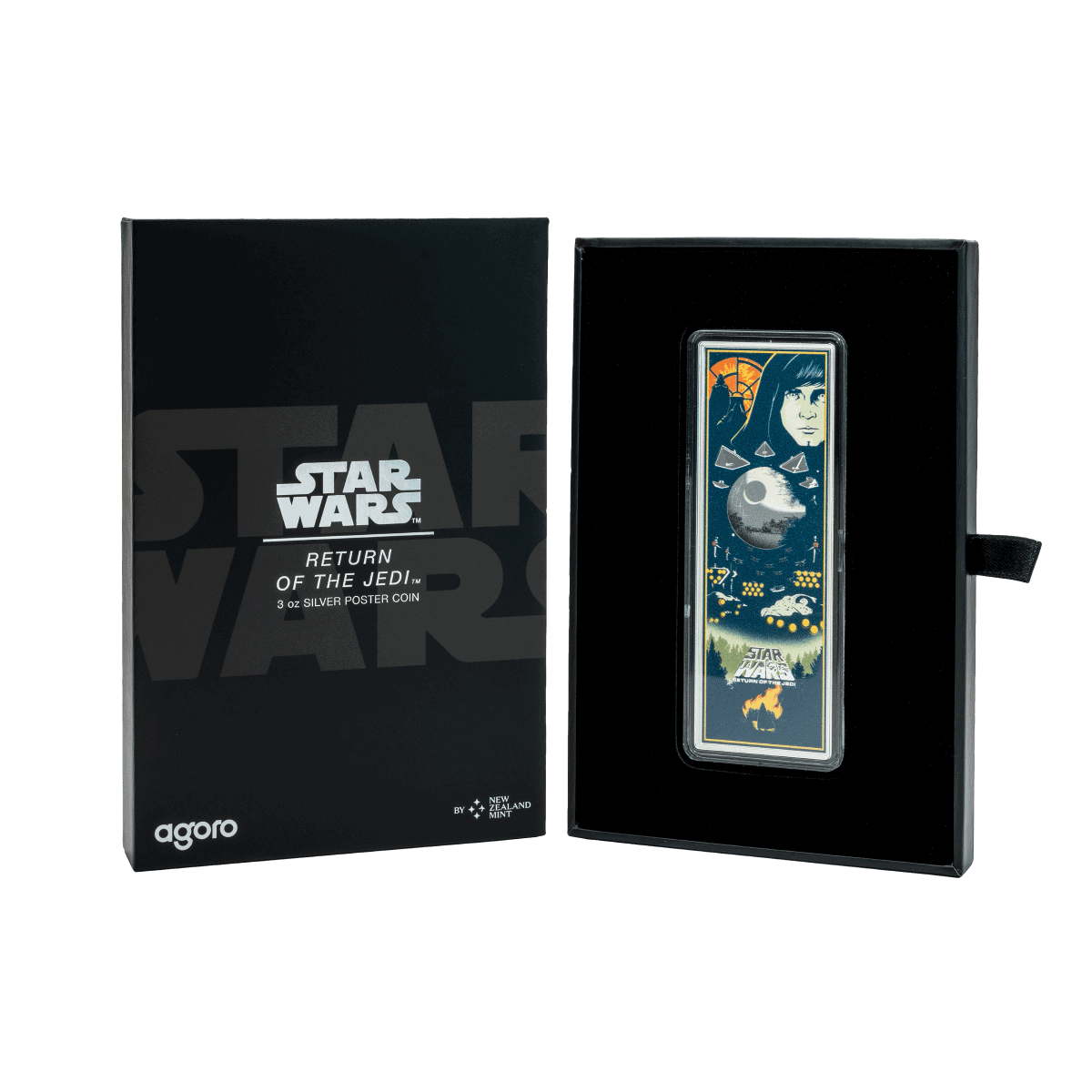 The 2025 Niue Star Wars Return of the Jedi 3 oz Silver Colorized Proof Poster Coin displayed open in its themed presentation box, showing the coin on the right side and Star Wars branding on the left.