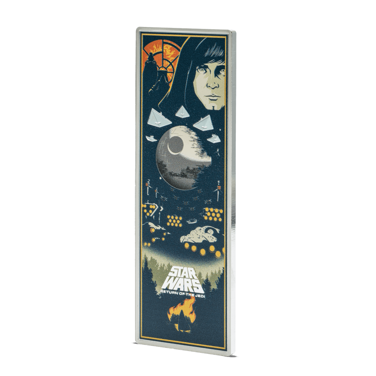 A side view of the 2025 Niue Star Wars Return of the Jedi 3 oz Silver Colorized Proof Poster Coin, highlighting its rectangular shape and thickness.