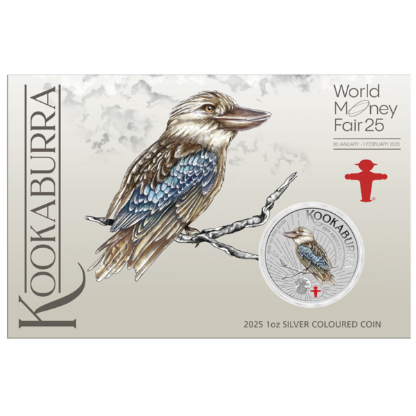 Promotional card for the 2025 Australia WMF Berlin Show Kookaburra 1 oz Silver Colorized Coin featuring a vertical illustration of a kookaburra bird on the left, a colorized image of the coin on the right, and “World Money Fair 2025” text with red cross symbol above the coin; the title “2025 AUSTRALIAN KOOKABURRA COIN” runs across the bottom.