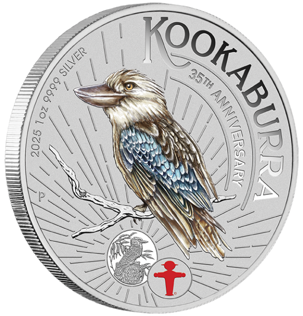 Front view of the 2025 Australia WMF Berlin Show Kookaburra 1 oz Silver Colorized Coin sealed in GR Reserve card, showing a colorized kookaburra perched on a gum branch with muted background foliage, WMF Berlin Show text and red cross above, and product branding on the card border.