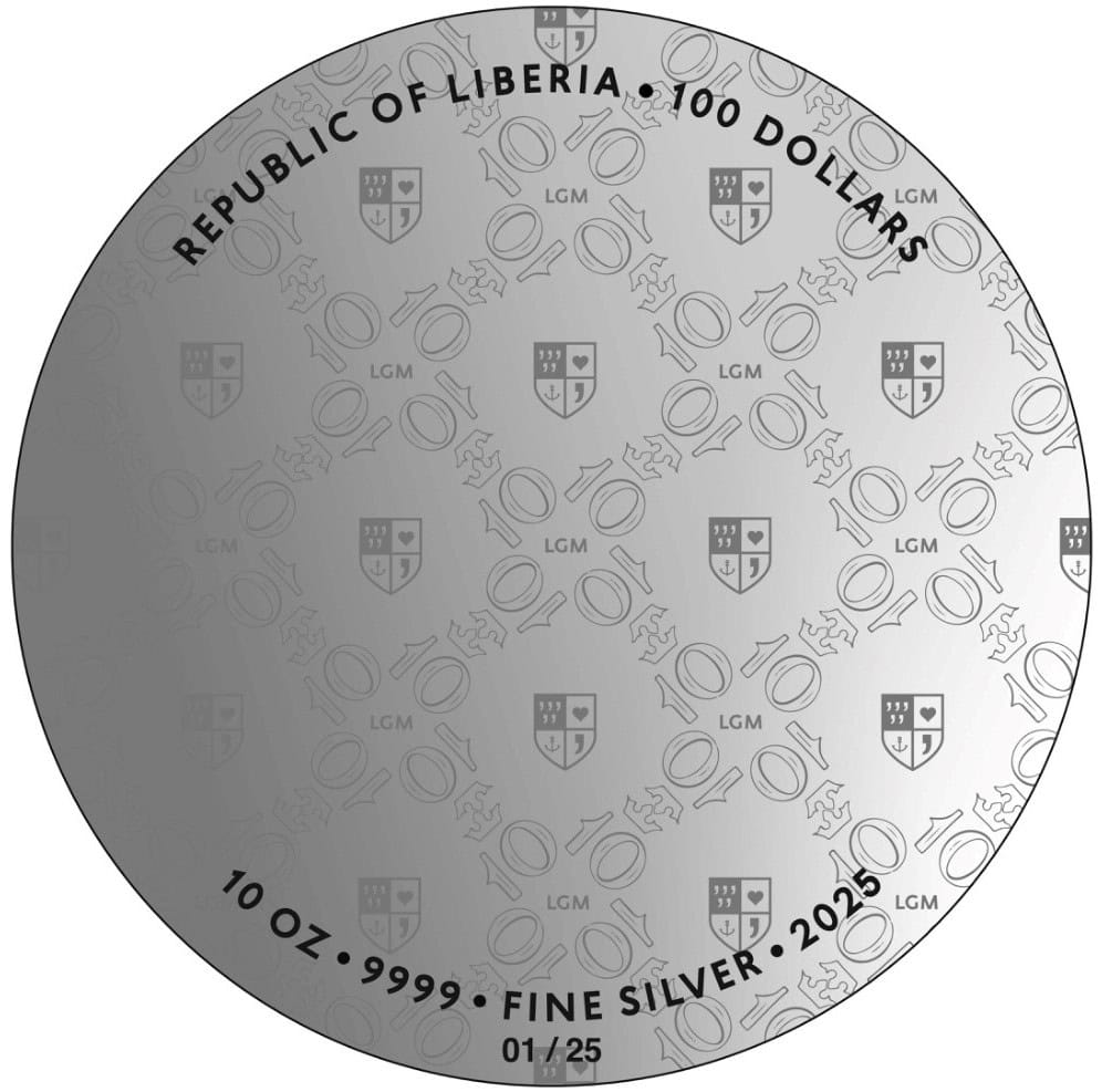 9999 100 DOLLARS LIBERIA 2025 FINE SILVER COIN with intricate shield design and denomination.