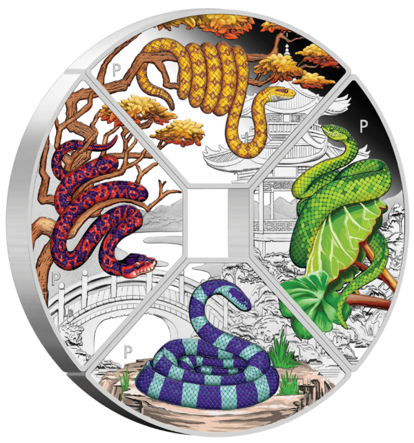 2025 Tuvalu Lunar Year of the Snake Quadrant 4 oz Silver Colorized Proof Coin Set - Image 3