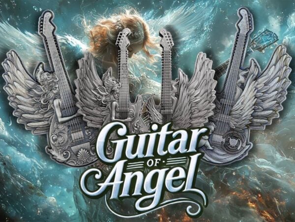 Guitar of Angel collectible coin featuring intricately designed winged guitar figures and angelic motifs, with dynamic background elements enhancing its fantasy theme.