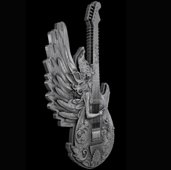 Elegant silver coin featuring a detailed profile of a woman with butterfly wings and a guitar, showcasing intricate carvings and artistic craftsmanship, perfect for collectors.