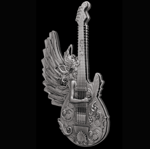 Beautiful silver collectible coin featuring a fairy with wings holding a guitar, intricate floral and swirl patterns, detailed craftsmanship, likely a limited edition, with a fantasy theme.