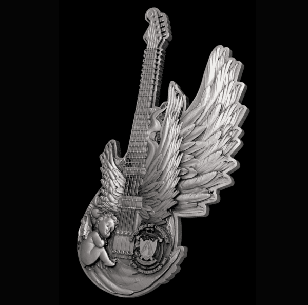 Orchestra Guitar with Angel Coin, France, 2023, collectible silver medal featuring an intricate guitar design with angel wings and French inscriptions.
