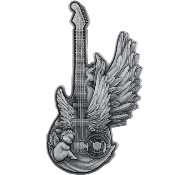 Guitar with angel wings collectible coin, gray tone, intricate design, detailed cherub, and musical elements, 2023, France, commemorative currency, silver metal finish.