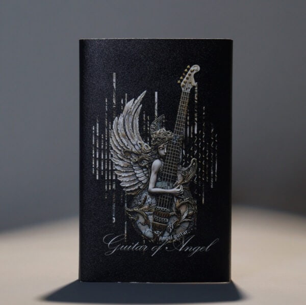 Guitar of Angel collectible coin packaging with angelic figure holding a guitar, detailed design, black background, and elegant text.