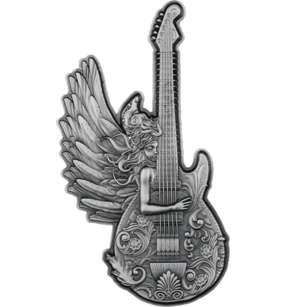 Intricate silver collectible coin featuring a fairy with wings blending into a guitar design, detailed floral accents, and ornate craftsmanship, ideal for music and fantasy enthusiasts.