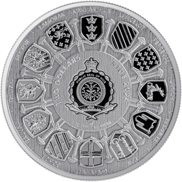 Detailed image of a collectible silver coin featuring the coat of arms of Niue, with various country shields around the perimeter, inscribed with the year 2024 and mentioning its 2 Oz weight and 999 pure silver content.