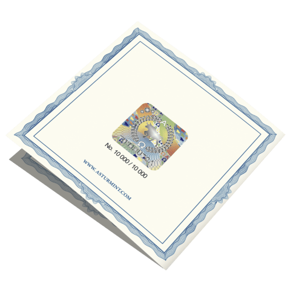 Shiny collectible coin featuring colorful artwork, a golden animal figure, and intricate design elements, numbered 10,000 out of 10,000, from Asturmint.