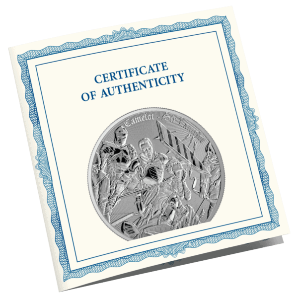 Coin collectible certification with detailed silver engraved design, featuring historical figures with flags and a dog, on a white certificate of authenticity.