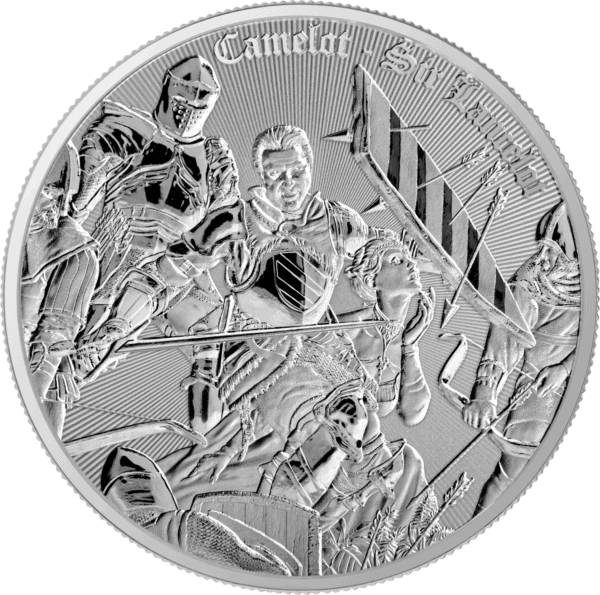 Shiny silver collectible coin featuring medieval knights and a mounted soldier, detailed with historical armor and weaponry, illustrating a battle scene from a European medieval era.