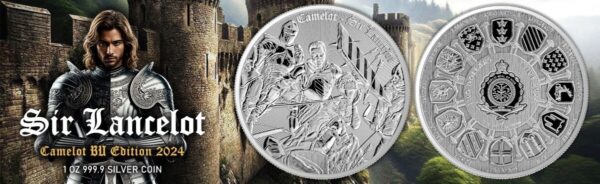 Sir Lancelot 2024 Camelot BU silver coin, featuring detailed medieval battle scene with armor and weapons, against castle and misty landscape background.