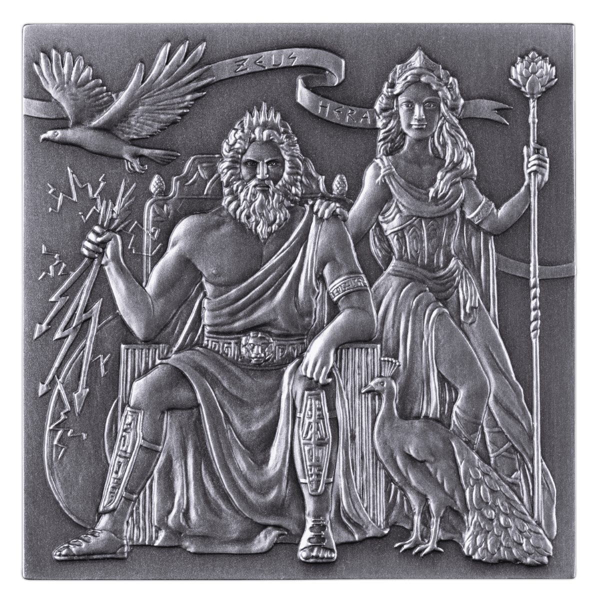 Seated Zeus and Hera coin with eagle and peacock, silver, Greece, 2023, collectible metal currency, high-relief design, intricate details, artistic representation of Greek mythology.