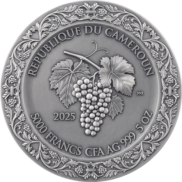 2025 Cameroon Celestial Beauty The Bacchanalia 5 oz Silver Antiqued High Relief Coin - Image 2