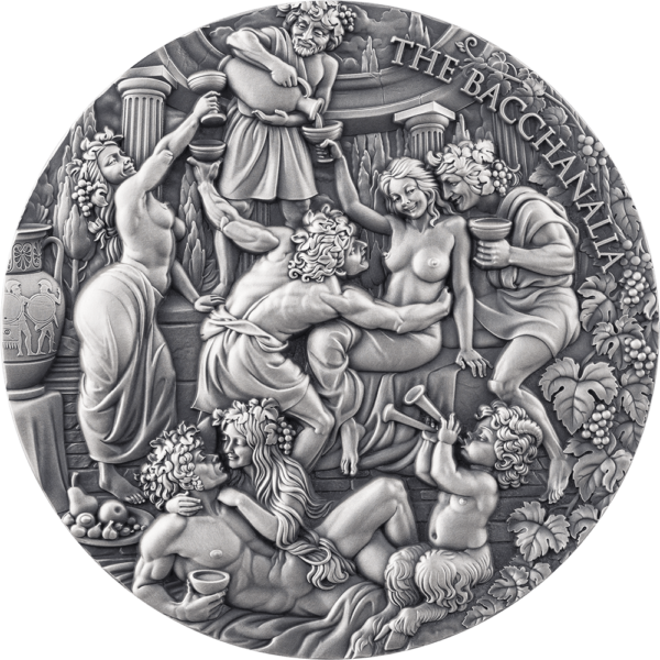 2025 Cameroon Celestial Beauty The Bacchanalia 5 oz Silver Antiqued High Relief Coin