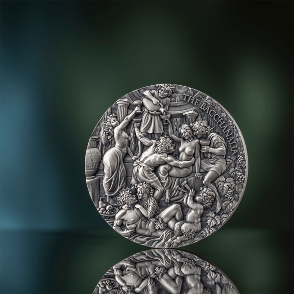 2025 Cameroon Celestial Beauty The Bacchanalia 5 oz Silver Antiqued High Relief Coin - Image 3