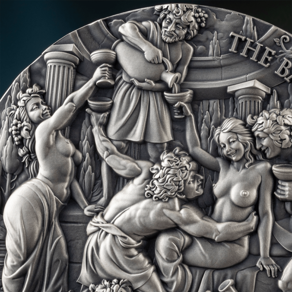 2025 Cameroon Celestial Beauty The Bacchanalia 5 oz Silver Antiqued High Relief Coin - Image 6