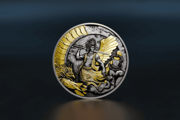 Angel of Independence 2009 Mexico commemorative coin with detailed gold and silver design featuring the angel, eagle, and shield motifs on dark background.