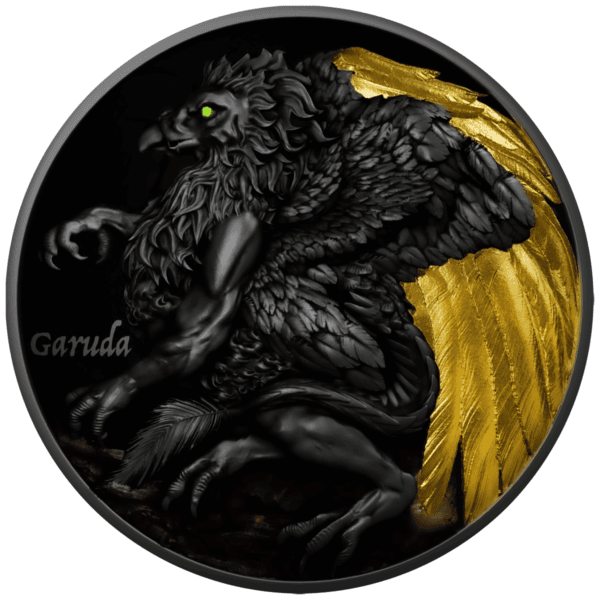 A1: Black and gold collectible coin featuring a detailed rendering of Garuda with vibrant green eye and intricate feather textures, set against a dark background.