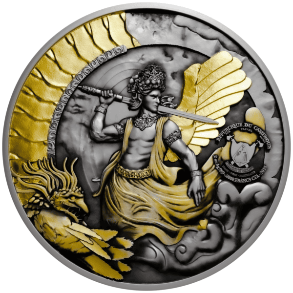 Intricately detailed Cameroonian collectible coin featuring a central warrior with a spear, gold and black accents, a majestic dragon, and the official emblem of the Republic of Cameroon.