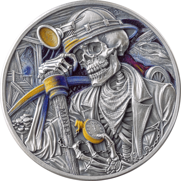 2025 Ghana Memento Mori Miner 1 oz Silver High Relief Antiqued Colorized Coin