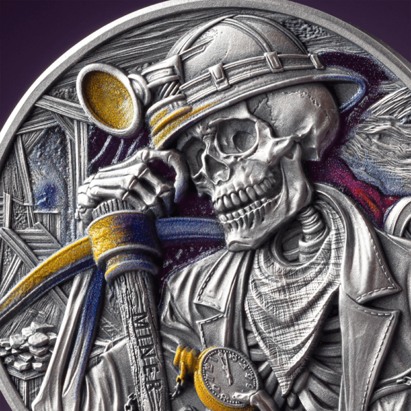 2025 Ghana Memento Mori Miner 1 oz Silver High Relief Antiqued Colorized Coin - Image 3