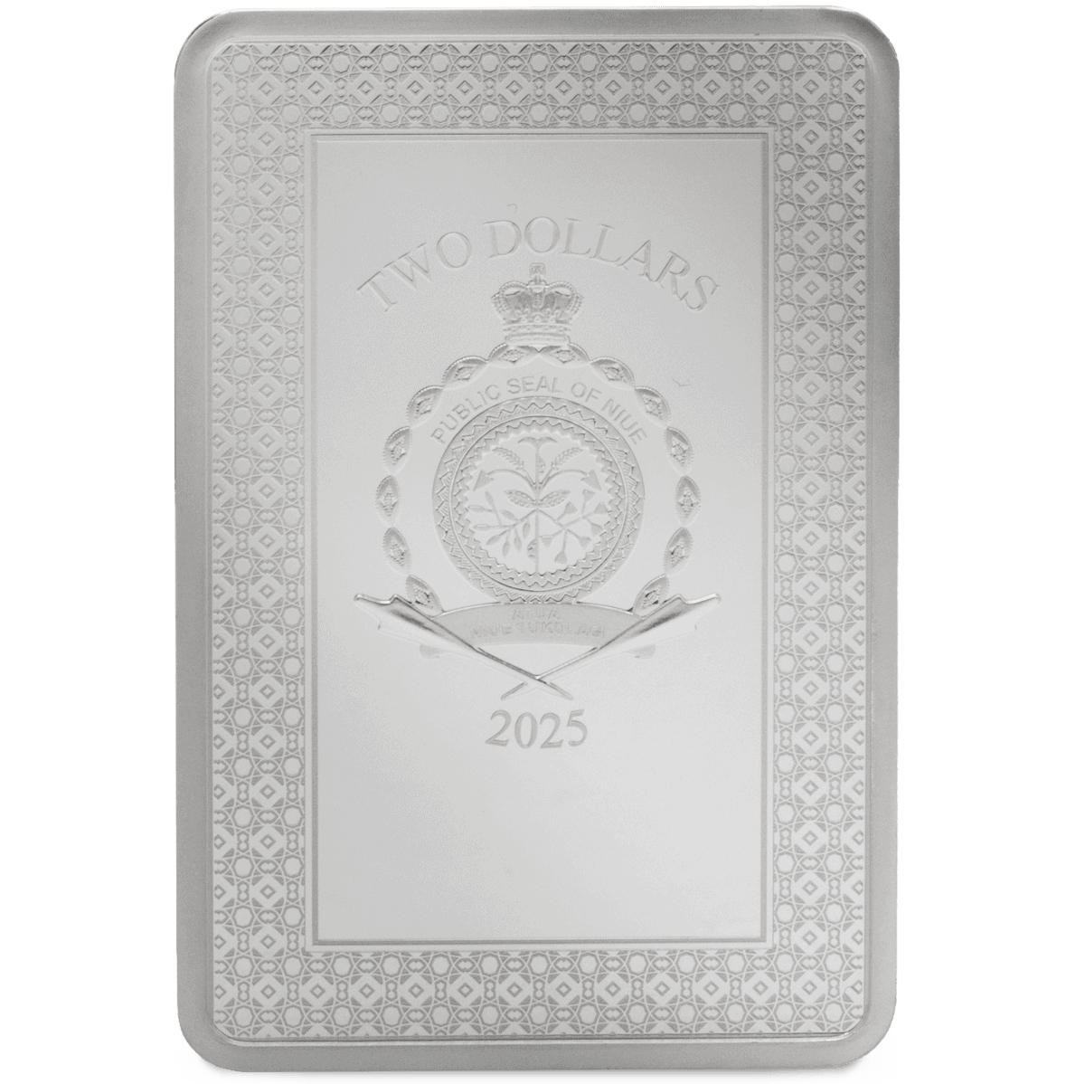 Two Dollar Silver Coin from Niue, 2025, featuring the public seal of Niue and intricate border design.