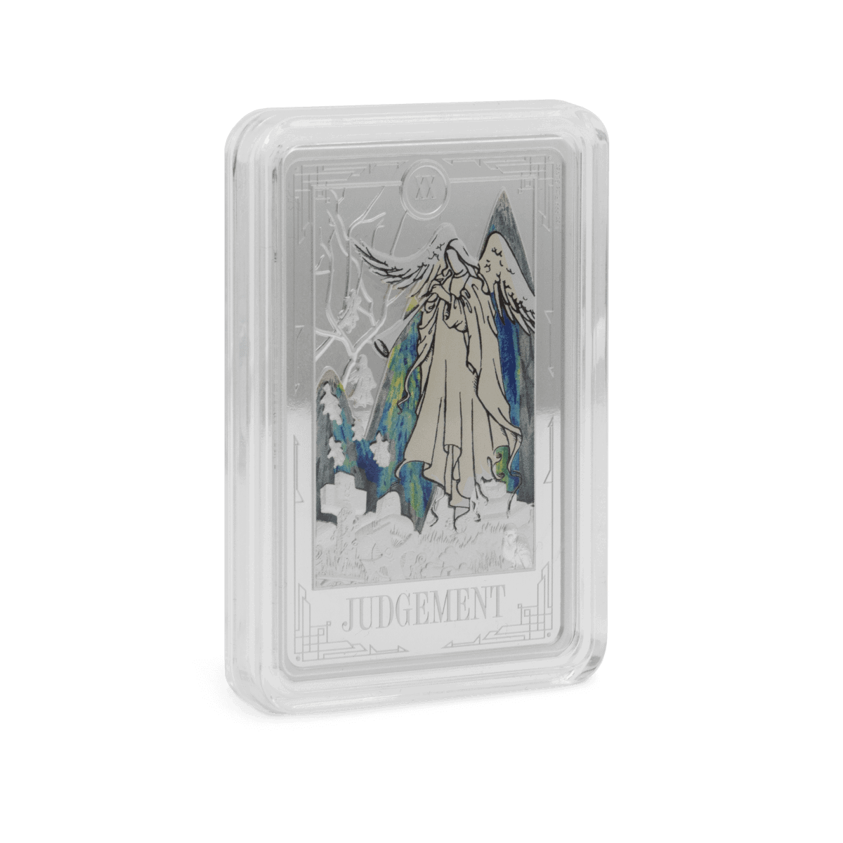 Silver collectible coin featuring an angel with a sword and mountain background, inscribed with "JUDGEMENT," year 2023, from the Grim Reaper series.