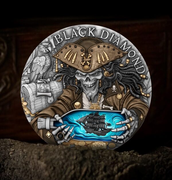 2025 Niue Pirates Black Diamond 2 oz Silver High Relief Antiqued Gilded Coin - Image 4