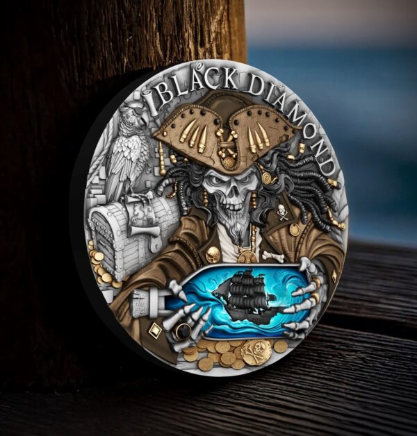 2025 Niue Pirates Black Diamond 2 oz Silver High Relief Antiqued Gilded Coin - Image 6