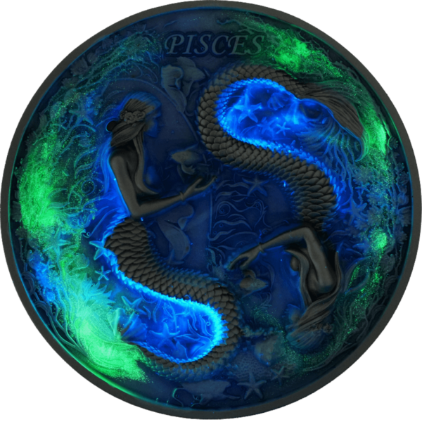 2025 Niue Zodiac Pisces 5 oz Silver Antiqued Glow in Dark UV Coin