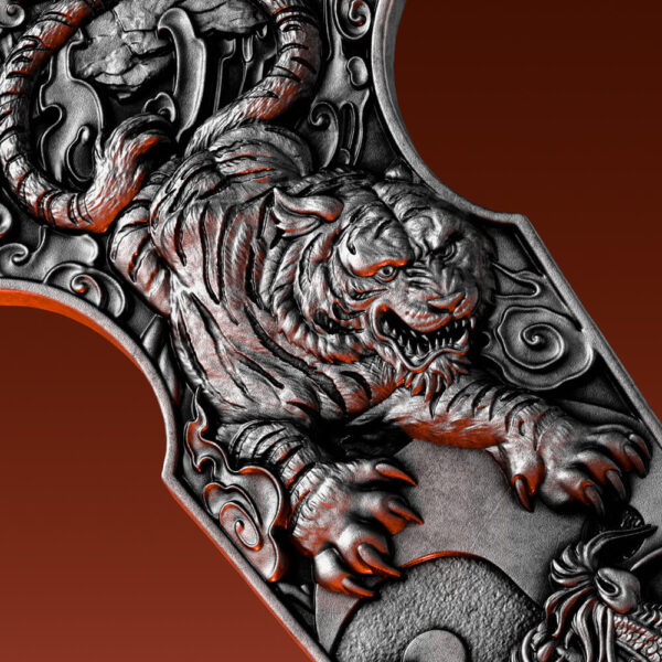 2025 Samoa Dragon Tiger Switchblade 2 oz Silver Antiqued Ultra High Relief Coin - Image 3