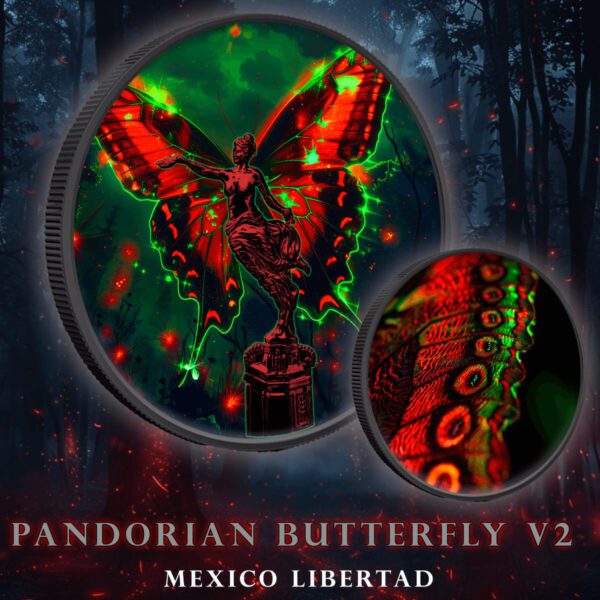 Social media imaging of the 2023 Mexico Libertad Pandorian Butterfly 1 oz Silver Colorized Rhodium Coin