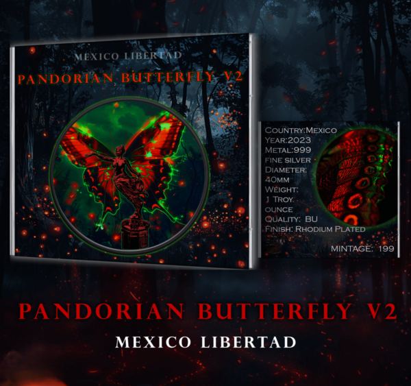 2023 Mexico Libertad Pandorian Butterfly 1 oz Silver Colorized Rhodium Coin - Image 4