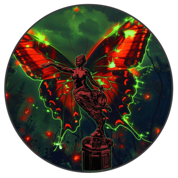 Front of the 2023 Mexico Libertad Pandorian Butterfly 1 oz Silver Colorized Rhodium Coin